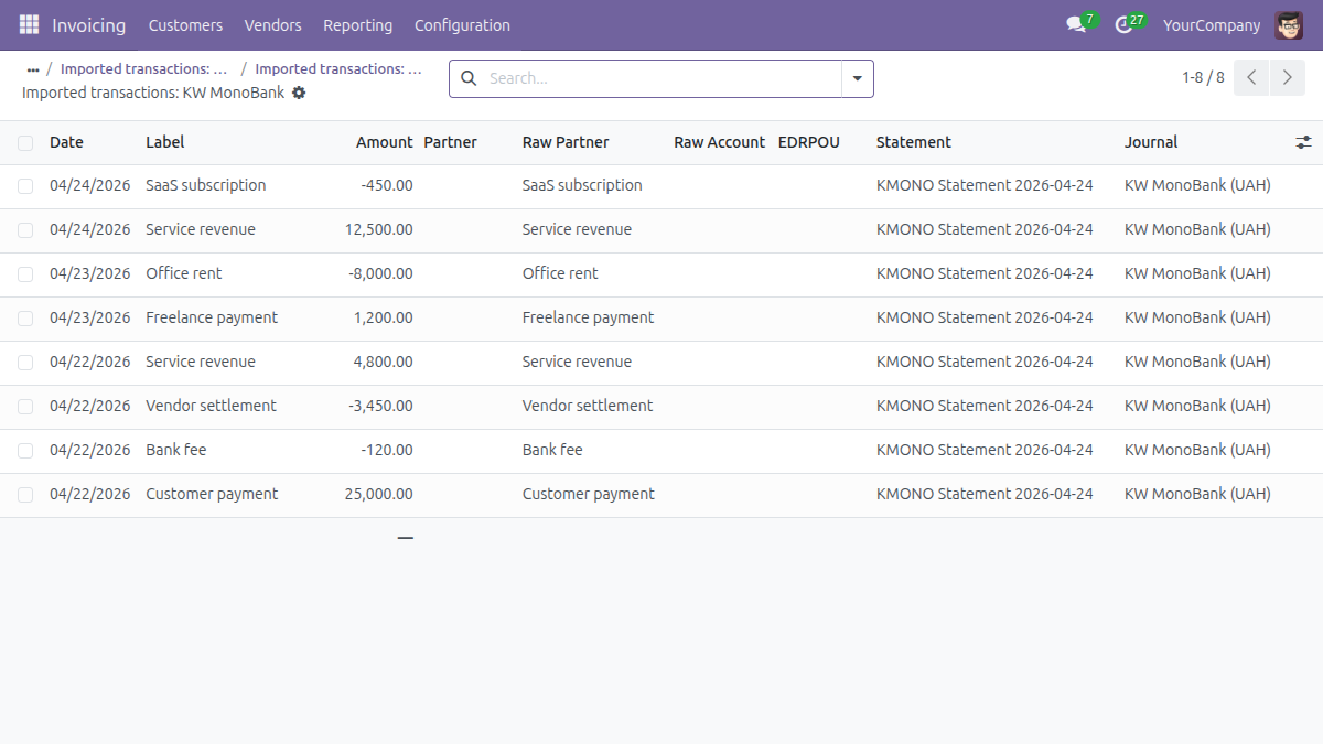 Monobank statement import &mdash; transactions list