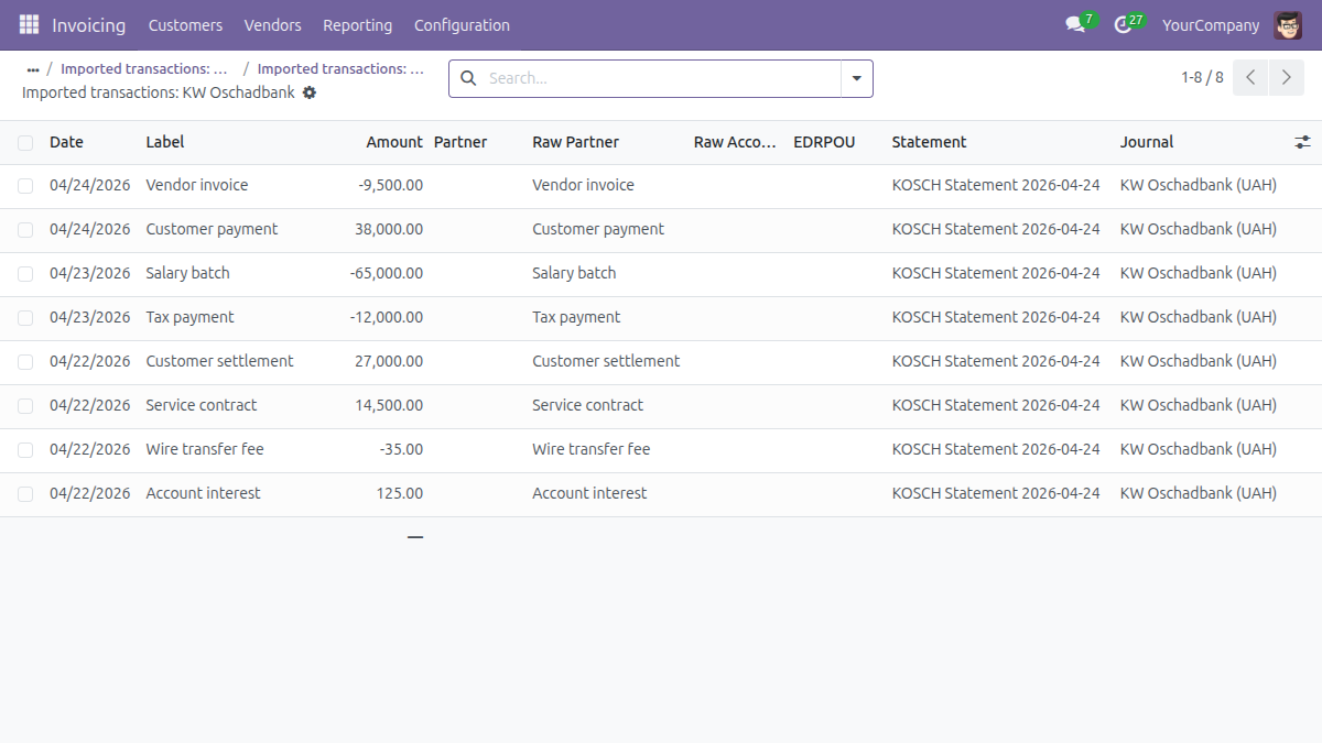 Oschadbank statement import &mdash; transactions list