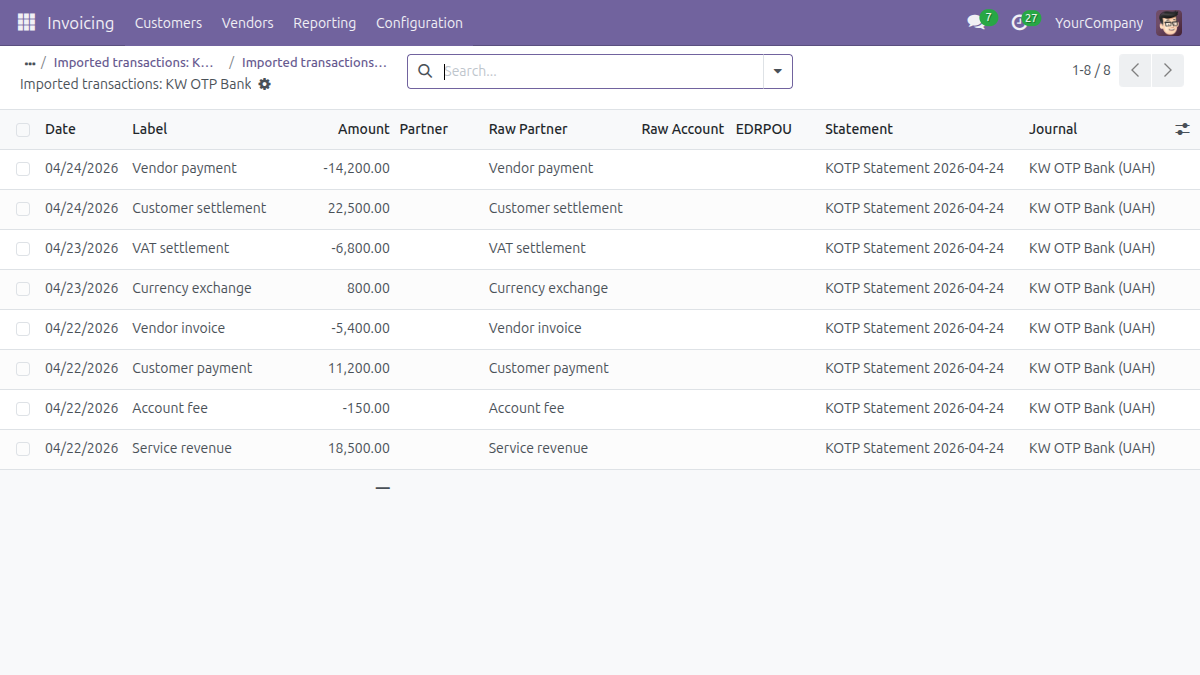 OTP Bank statement import &mdash; transactions list