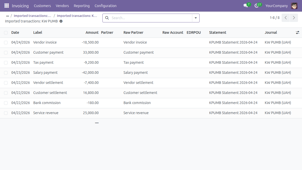 PUMB statement import &mdash; transactions list
